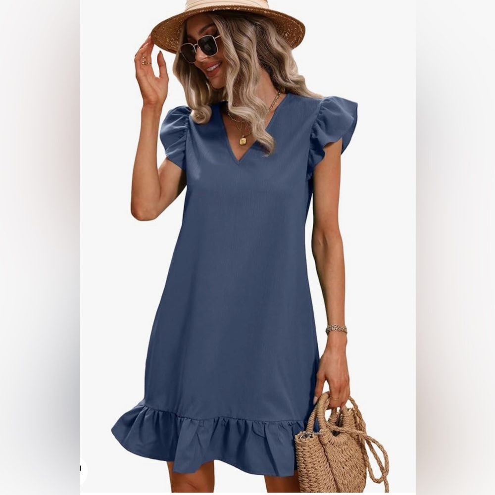 Elegant Blue Ruffle Sleeve Dress